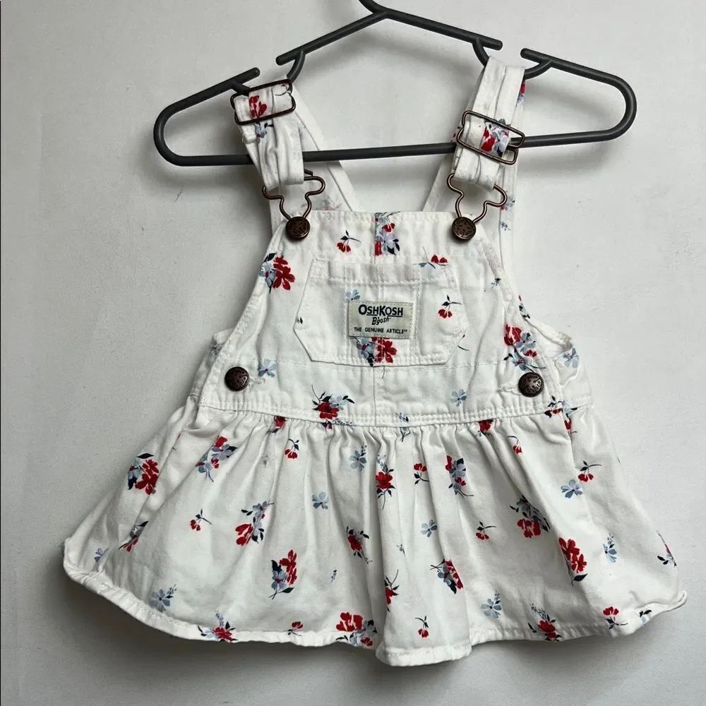 OshKosh B’Gosh white cotton red and blue floral overall dress EUC size 3 months